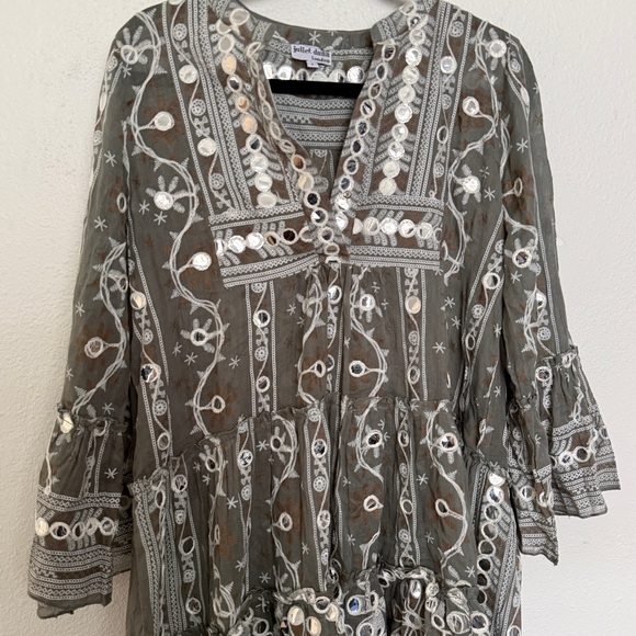 Juliet Dunn Mosaic Print Mirror-Appliqué Flutter Bell Sleeves Dress Brand Size 1 - Picture 7 of 14